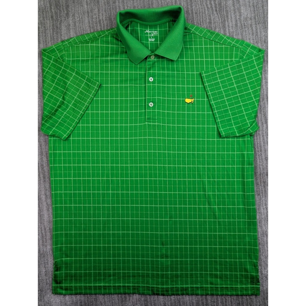 Masters Tech Mens Green White Plaid Polo Shirt Size Large Stretch Golf Logo